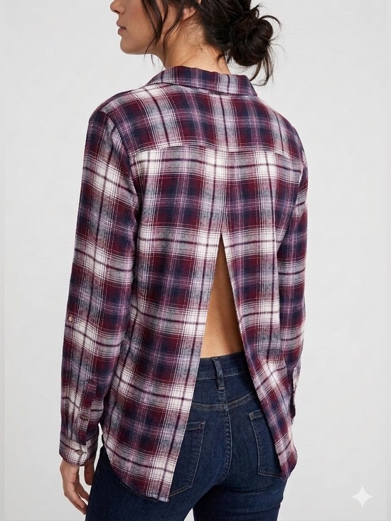 Harper Tops - Francesca’s Harper Open Back Plaid Button Down Shirt Burgundy Navy Size M